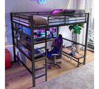 PUGSDRLY Lit Mezzanine 2 Places 140x200cm avec Bureau,Bande LED et Prise USB Type C,Lit Mezzanine Enfant avec étagères de Rangement et Panneau Perforé,pour Adolescent Adulte (Noir, 140x200)