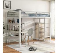 PUGSDRLY Lit Mezzanine 2 Places, 140x200cm avec Bureau, Escalier, Armoire et Étagère de Rangement, pour Adolescent et Adulte, Cadre de Lit en Fer, Blanc