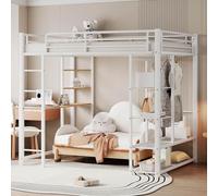 PUGSDRLY Lit Mezzanine 2 Places, 140x200cm avec Bureau, Escalier, Porte-vêtements et Étagère de Rangement, pour Adolescent et Adulte, Cadre de Lit en Fer Blanc