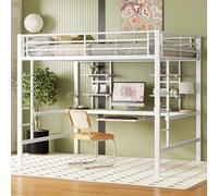PUGSDRLY Lit Mezzanine 2 Places, 140x200cm avec Bureau, Plateau pour Clavier et Deux Étagères, pour Enfant, Adolescent et Adulte, Cadre de Lit en Fer Blanc