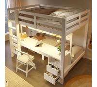 PUGSDRLY Lit Mezzanine 2 Places en Bois,Lit Superposés 140X200cm et 90x200cm,avec Bureau,Tiroirs,Panneau perforé Suspendu et Lampes LED,sans Matelas (90/140x200-Naturelle-J)
