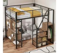 PUGSDRLY Lit Mezzanine 2 Places,Lit Mezzanine Enfant 140x200cm avec Escalier,étagère de Rangement et Petite Armoire,Design de Clôture Haute,pour Enfant Adolescent Adulte,sans Matelas (Noir)