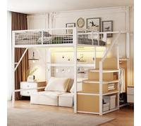 PUGSDRLY Lit Mezzanine Enfant 140x200cm avec Bande LED et Escalier de Rangement,Lit Mezzanine 2 Places avec Armoire Ouverte,Clôture Haute,Cadre en Fer pour Enfant Adulte (Blanc, 140x200)