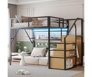 PUGSDRLY Lit Mezzanine Enfant 140x200cm avec Bande LED et Escalier de Rangement,Lit Mezzanine 2 Places avec Armoire Ouverte,Clôture Haute,Cadre en Fer pour Enfant Adulte (Noir, 140x200)