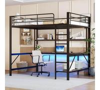 PUGSDRLY Lit Mezzanine Enfant 140x200cm avec Bureau et étagère de Rangement,lit Mezzanine 2 Place avec lumière LED,Port USB et Prise électrique,pour Enfant Adolescent,Cadre en Fer (Noir, 140x200)