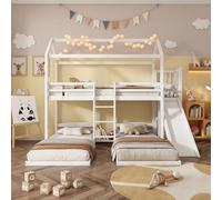 PUGSDRLY Lit Superposé Enfants 3 Places avec Toboggan,Haute Barrières,étagères Ouvertes,Lit Cabane Enfants 90x200 avec Sommier à Lattes,pour Garçons Filles,Blanc (B- 90X200)