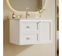 PUGSDRLY Meuble lavabo Mural avec Vasque céramique intégrée, Meuble Lave Main WC avec éclairage LED à détection de Mouvement, Mobilier de Toilette avec 2 tiroirs