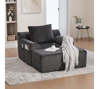 PUGSDRLY Petit Canapé d'angle 147x110x67cm avec Pouf,Fauteuil Salon,Chaise Ergonomique avec Poche Latérale,Coussin,sans Installation,Velours Côtelé Confortable,pour Salon(Gris foncé)