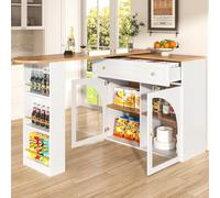 PUGSDRLY Table de Bar Extensible avec Espace de Rangement,Table Bar Cuisine Pivotant à 360°,2 Porte en Verre et 1 Tiroir,Compartiment Ouvert,Comptoir de Cuisine (D, Blanc)
