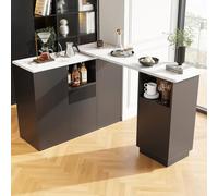 PUGSDRLY Table de Bar Extensible avec Espace de Rangement,Table Bar Cuisine Pivotant à 360°,Buffet Salle a Manger avec Plateau à Motif de marbre,140-210x30x100.9cm (Noir-B)