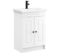 PUGYNBK Ensemble de meubles de salle de bain blanc brillant 56 x 37,5 x 81 | Bois élaboré, lavabo et robinet intégrés, portes à charnière, boutons en métal noir