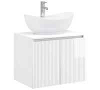 PUGYNBK Ensemble de meubles de salle de bain blanc brillant en bois | Monté au mur, avec coiffeuse, lavabo et robinet, rangement intelligent, installation facile