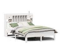 PUGYNBK Lit en bois massif blanc 140 x 190 cm sans matelas | Tête de lit avec étagère, base à lattes, peu encombrant, remplace la table de chevet