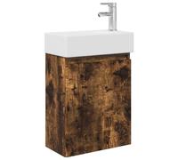 PUGYNBK Module de salle de bain avec robinetterie chêne fumé 45,5 x 22,5 x | Montage mural, lavabo en céramique avec vidange, porte réversible, mélangeur eau froide et chaude