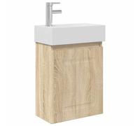 PUGYNBK Module de salle de bain avec robinetterie chêne Sonoma 45,5 x 22,5 | Lavabo en céramique, bois stratifié, montage mural, porte réversible, robinet mélangeur