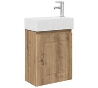PUGYNBK Module salle de bain avec robinetterie chêne Artisan 45,5 x 22,5 x | Lavabo en céramique, montage mural, porte réversible, robinet eau froide et chaude