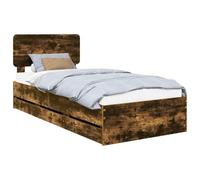 PUGYNBK Structure de lit avec tiroir chêne fumé 75 x 190 cm | Bois ingénié, tête de lit réglable, lattes fixes, rangement caché, nettoyage facile