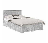 PUGYNBK Structure de lit avec tiroir gris béton 135 x 190 cm | Bois résistant, sommier à lattes fixes, poignées argentées, rangement large, nettoyage facile