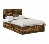 PUGYNBK Structure de lit en chêne fumé 135 x 190 cm Bois ingénieux | Tiroir caché, cadre à lattes résistant, montage facile, design minimaliste pour chambre à coucher