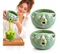 Puking Cat Bol à matcha fait à la main en céramique pour fouet à matcha | Bol à matcha en céramique avec bec verseur pour les amateurs de matcha - Motif tête de chat avec nez qui coule