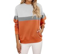 Pull sans capuche pour femmes-Sweat-shirt décontracté homme manches longues col rond coupe ample poche motif color-block usage quotidien automne hiver style moderne confortable (Orange, XXXL)