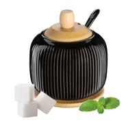 Pullmer Sucrier en céramique avec couvercle en bois de bambou avec soucoupe en bambou et cuillère à sucre (OSBO noir brillant)