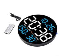 Pumixiy Horloge murale numérique de 25,4 cm, avec alarme, affichage de la température et de l'humidité, grande horloge ronde LED, avec télécommande, luminosité automatique, 12/24 h, pour la maison, le