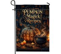 Pumpkins Magick Recipes Witchy Halloween Drapeau de jardin 30,5 x 45,7 cm | Runes sculptées lumineuses, drapeau de cour, chaudron bouillonnant, feuilles d'automne, bâtons de cannelle