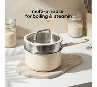 PURE COOK Casserole triple en acier inoxydable 316 avec cuiseur vapeur | Pot à lait avec couvercle en verre | Casserole en céramique beige avec fond triple | Finition saine résiste aux brûlures noires