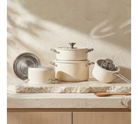 PURE COOK Set de 4 pièces d'ustensiles de cuisine en acier inoxydable 304 | Set de casseroles et poêles à revêtement en céramique beige | Finition saine résistante aux brûlures noires et à la décolora