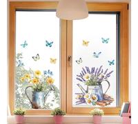 PureBowlic Lot de 2 autocollants modernes en PVC pour fenêtre - Motif floral et papillon - Pour décoration de verre de bureau - Vue double face - Facile à réutiliser - Bleu - 30 x 30 cm (A)