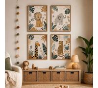 PureBowlic Lot de 4 impressions d'art mural motif animal bohème pour chambre d'enfant, dessin animé, animaux sauvages, décoration moderne et minimaliste dans des tons neutres doux 21 x 30 cm, sans