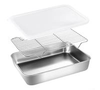 PureBowlic Plateau d'égouttage en acier inoxydable avec couvercle pour filtrer l'huile, récipient de rangement profond de cuisine, grille de rangement argentée, 26 x 20 x 4 cm, pour la famille, le