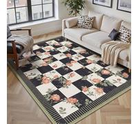PureCozy Cheminée Couloir Tapis Lavable Motif Floral Devant Lit Fleur À Carreaux Moderne Tapis Cuisine Salon Chambre Rug Antidérapant Poils Courts Doux Cheminée Carpet, 140x200cm, Noir&Blanc