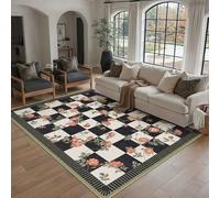 PureCozy Cheminée Couloir Tapis Lavable Motif Floral Devant Lit Fleur À Carreaux Moderne Tapis Cuisine Salon Chambre Rug Antidérapant Poils Courts Doux Cheminée Carpet, 160x230cm, Noir&Blanc