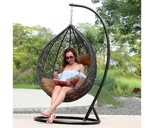 PureHaven fauteuil suspendu 115x120x202 cm rotin synthétique tressé forme élégante avec coussin imperméable résistant à l'usure suspension à ressort brun/cuivre