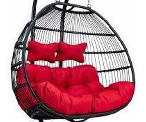 PureHaven fauteuil suspendu pour 2 personnes 130x120x200 cm rotin synthétique tressé avec coussin imperméable résistant à l'usure suspension à ressort rouge/noir