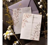 Puremigo Lot de 50 vestes en vélin pré-pliées pour invitations de 12,7 x 17,8 cm - Motif feuille d'or rose - Papier vélin 105 g/m² - Vestes de 12,7 x 17,8 cm - Invitations de mariage transparentes