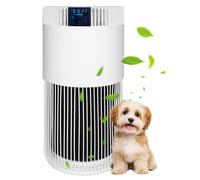 Purificateur d'air pour animaux de compagnie avec filtration 360° et 5 couches. Élimine les poils d'animaux, les allergènes et les odeurs. Doté de filtres H13 remplaçables. Convient pour les apparteme