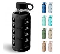 purifyou Bouteilles d'eau en verre de qualité supérieure avec volume et temps de consommation, manchon en silicone et couvercle en acier inoxydable, bouteille réutilisable pour réfrigérateur, eau,