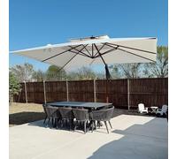 PURPLE LEAF Parasol Déporté 3 x 4 m Rectangulaire Toit Double Luxe, Crème | Mât en aluminium à fini bois teck: élégance haut de gamme, Mât renforcé Ø10,2 cm, Parasol de jardin extérieur, Hôtel