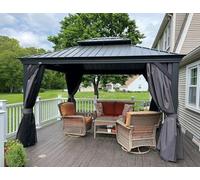 PURPLE LEAF Tonnelle de Jardin Exterieur 4 x 3 m Double Toit Rigide Gris | Fixation solide, Poteaux 12 x 12 cm, Conçue pour durer, Gouttière intégrée, Moustiquaire 260 g/m² et rideaux, Pergola Alu