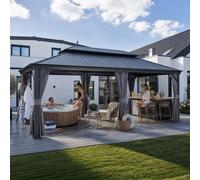 PURPLE LEAF Tonnelle de Jardin Exterieur 6 x 3,65 m Pergola Aluminium Gris | Rideaux 180 g/m² et moustiquaire 260 g/m², Gouttière intégrée, Double toit rigide, Sans entretien, Pour 8 à 10 personnes, Alu