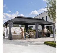 PURPLE LEAF Tonnelle de Jardin Exterieur 7,32 x 3,65 m Pergola Alu, Gris | Gouttière intégrée, Rideaux épais et moustiquaire 260 g/m², 26,71 m², Double toit rigide, Résiste 17,9 m/s, Sans entretien