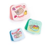 Pusheen Ensemble de pots à goûter pour chat bleu clair, rose et vert menthe | Ensemble de 3 contenants empilables | Motif fruits frais | Idéal pour conserver des friandises | Produits Pusheen