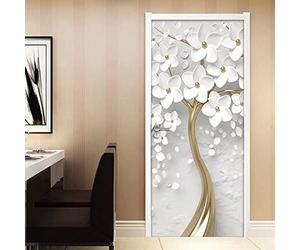 PVC autocollant 3D autocollant de porte blanc fleur arbre mural papier peint imperméable à l’eau salon chambre à coucher porte sticker décoration de maison 3D