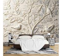 PVC Papier Peint, Papier Peint Adhésif 3D en Relief Motif Grand Arbre Oiseaux en Vol 120 x 180 cm Amovible Imperméable Idéal pour Décorer Un Mur D'Accent Dans Un Salon Ou Une Chambre.