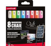 Uni Ball - Uni Mitsubishi Pencil- Marqueurs Craie Chalk Marker PWE-5M-Marquage Éphémère, Résistant à la Pluie- Pointe Conique Medium-Lot de 8 Couleurs