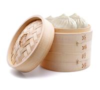 PWGHWG Cuiseur Vapeur en Bambou - 2 Étages Avec Couvercle - 15 cm - Panier Avec 2 Tapis de Cuisson en Silicone - Pour Boulettes, Riz, Dim Sum, Légumes, Viande (S)