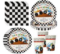 PYAILI Lot de 52 pièces thème monster truck Assiettes, gobelets et serviettes pour décoration d'anniversaire thème véhicules tout-terrain, pour 16 invités